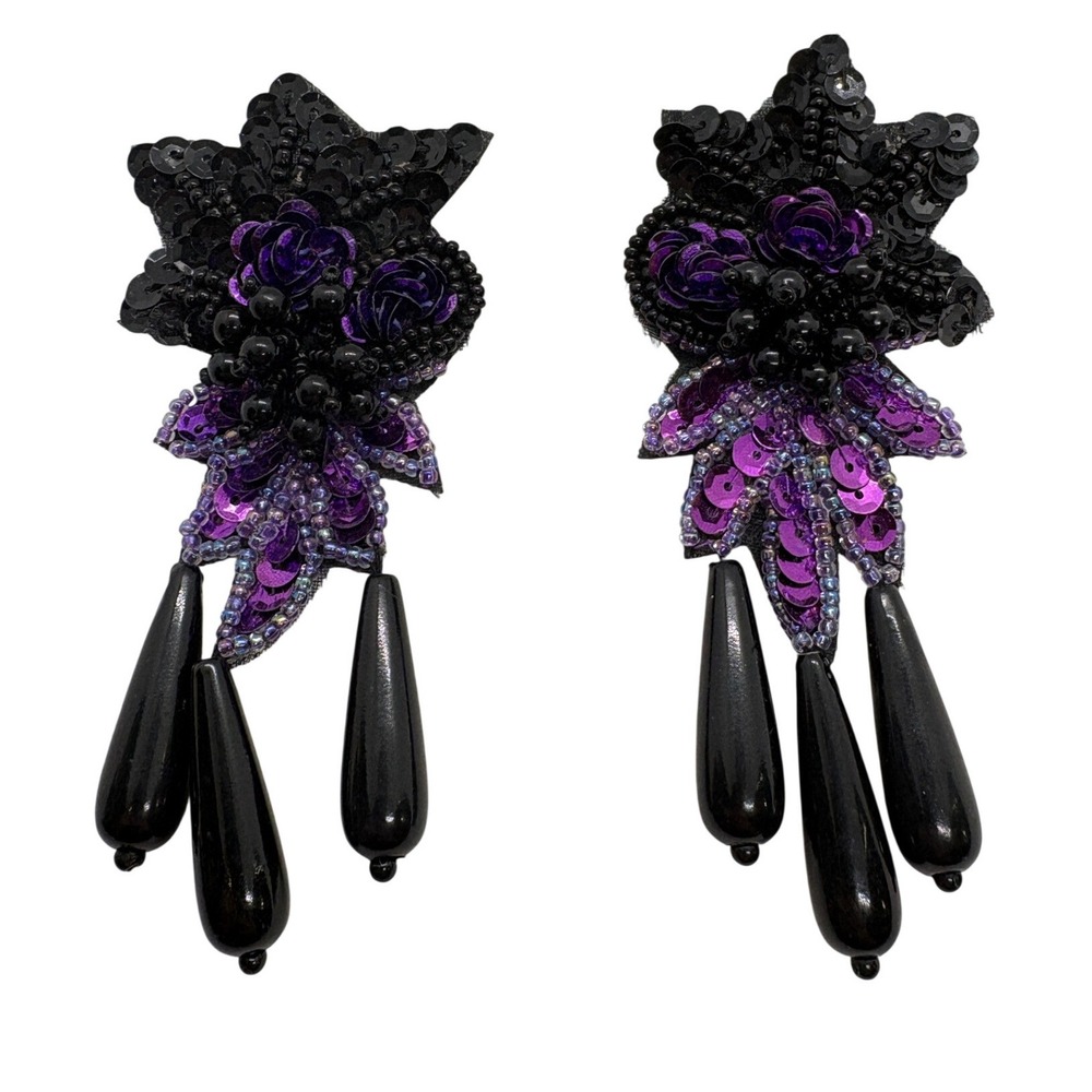Vintage Black Purple Sequin Beaded Floral Dangle Statement Earrings Teardrop 4"